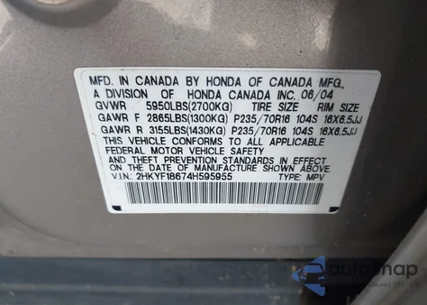 2004 Honda Pilot Ex-L z USA, uszkodzony, nr VIN 2HKYF18674H595955